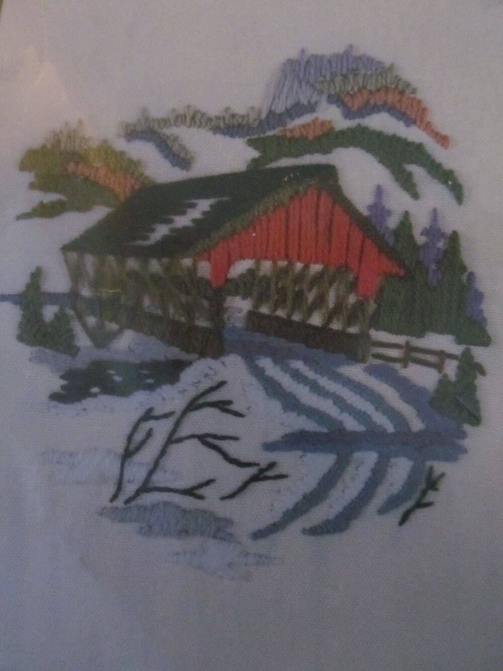 Crewel Embroidery Kit Covered Bridge - Picture 2 of 5